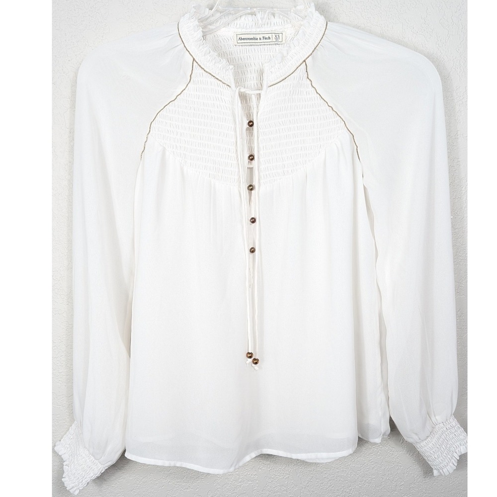 Abercrombie & Fitch Blouse Womens XS White Smocked Boho Beaded Chiffon Top